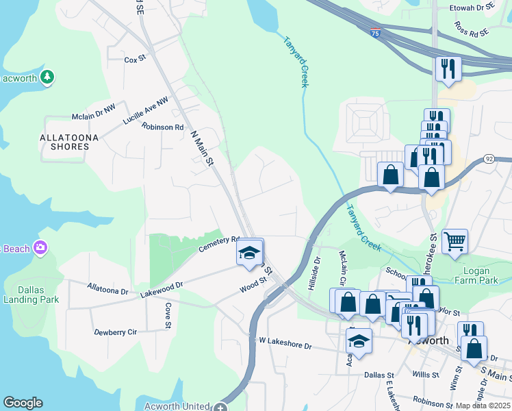 map of restaurants, bars, coffee shops, grocery stores, and more near 4680 Emerald Willow Drive in Acworth