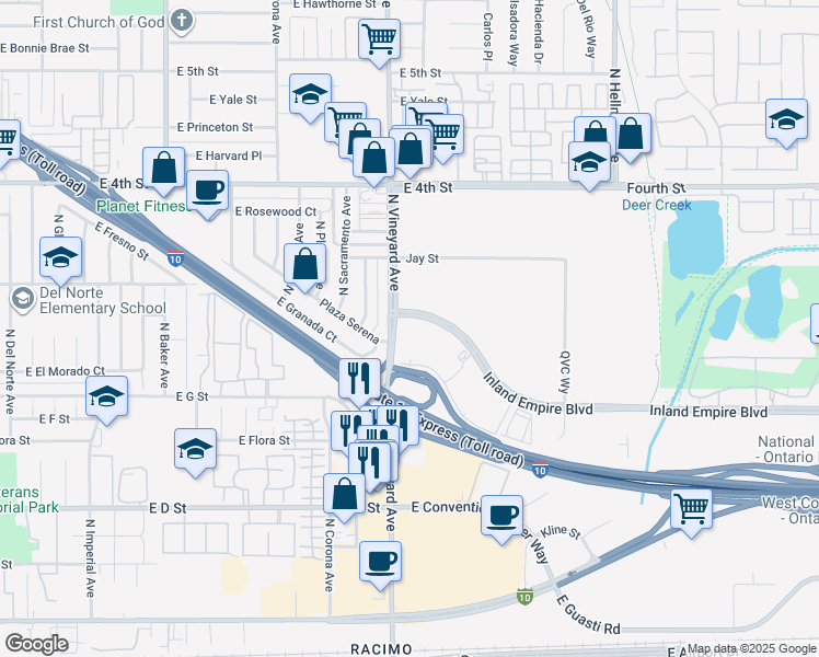 map of restaurants, bars, coffee shops, grocery stores, and more near 1896 East Granada Court in Ontario