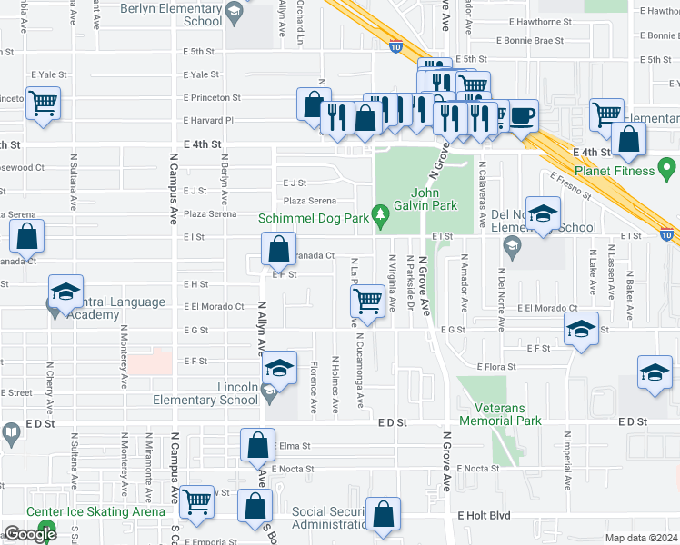 map of restaurants, bars, coffee shops, grocery stores, and more near 812 North Holmes Avenue in Ontario