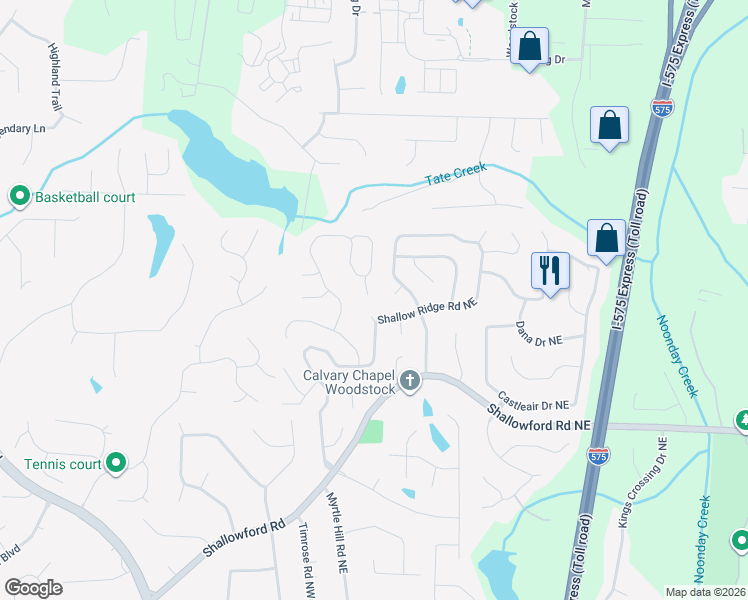 map of restaurants, bars, coffee shops, grocery stores, and more near 4950 Shallow Creek Trail Northeast in Kennesaw