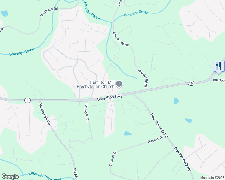 map of restaurants, bars, coffee shops, grocery stores, and more near 5214 Sunlake Drive in Hoschton