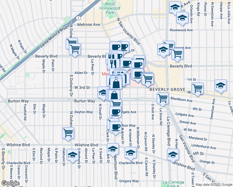 map of restaurants, bars, coffee shops, grocery stores, and more near 8757 Burton Way in West Hollywood