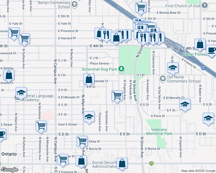 map of restaurants, bars, coffee shops, grocery stores, and more near 812 North Holmes Avenue in Ontario