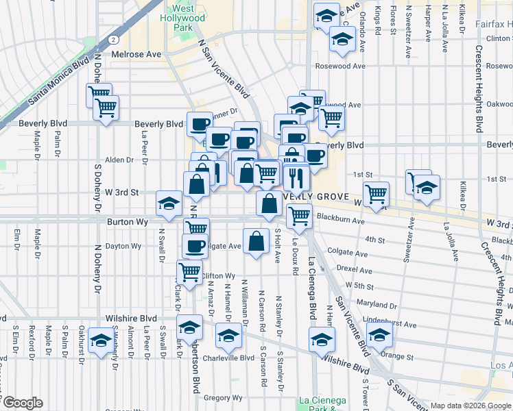 map of restaurants, bars, coffee shops, grocery stores, and more near 321 South Sherbourne Drive in Los Angeles