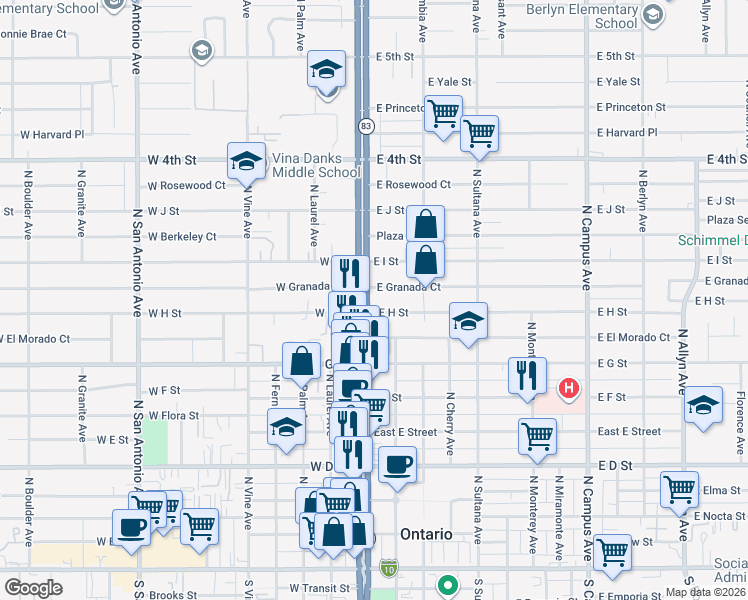map of restaurants, bars, coffee shops, grocery stores, and more near 105 East H Street in Ontario