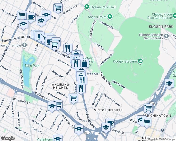 map of restaurants, bars, coffee shops, grocery stores, and more near 1251 Vin Scully Avenue in Los Angeles