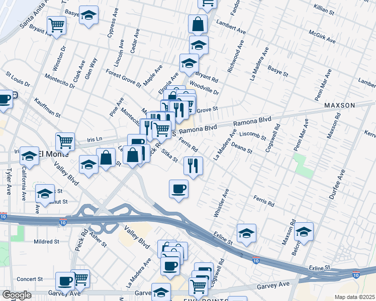 map of restaurants, bars, coffee shops, grocery stores, and more near 11670 Ferris Road in El Monte