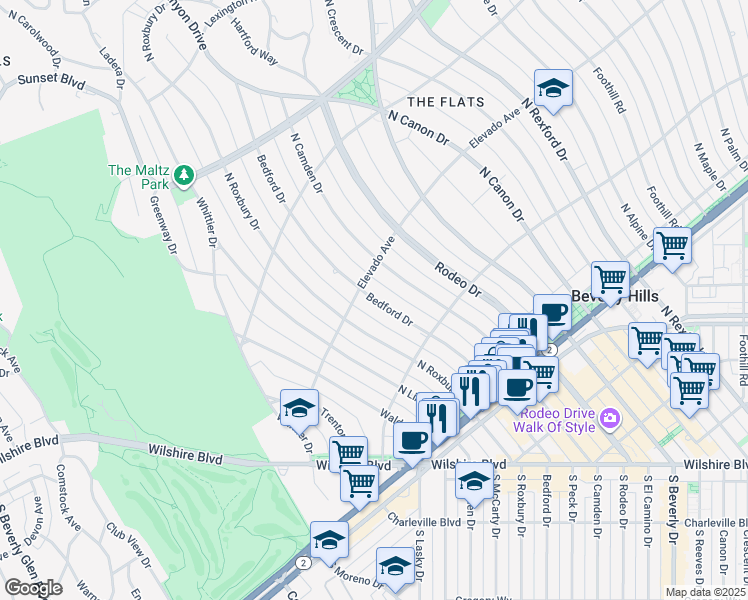 map of restaurants, bars, coffee shops, grocery stores, and more near North Bedford Drive in Beverly Hills