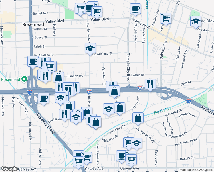 map of restaurants, bars, coffee shops, grocery stores, and more near 9510 Olney Street in Rosemead