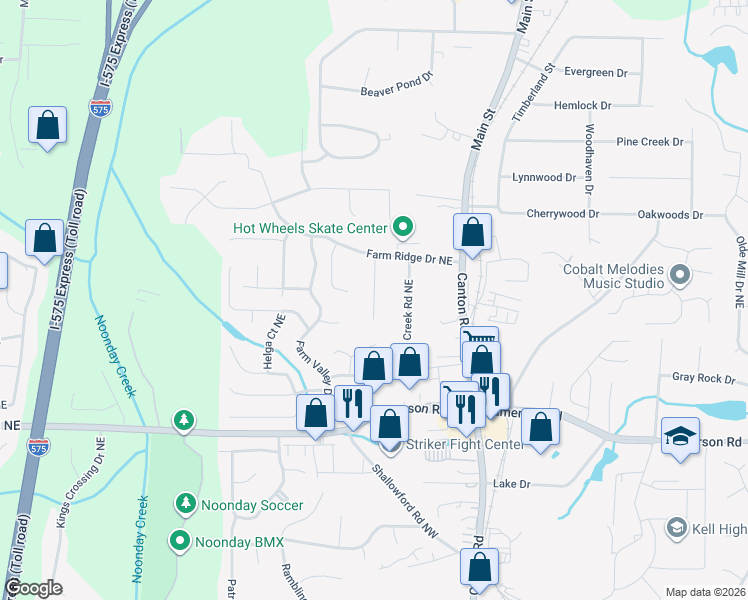 map of restaurants, bars, coffee shops, grocery stores, and more near 4921 Farmstead Court Northeast in Woodstock