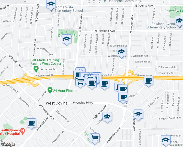 map of restaurants, bars, coffee shops, grocery stores, and more near 115 North Walnuthaven Drive in West Covina