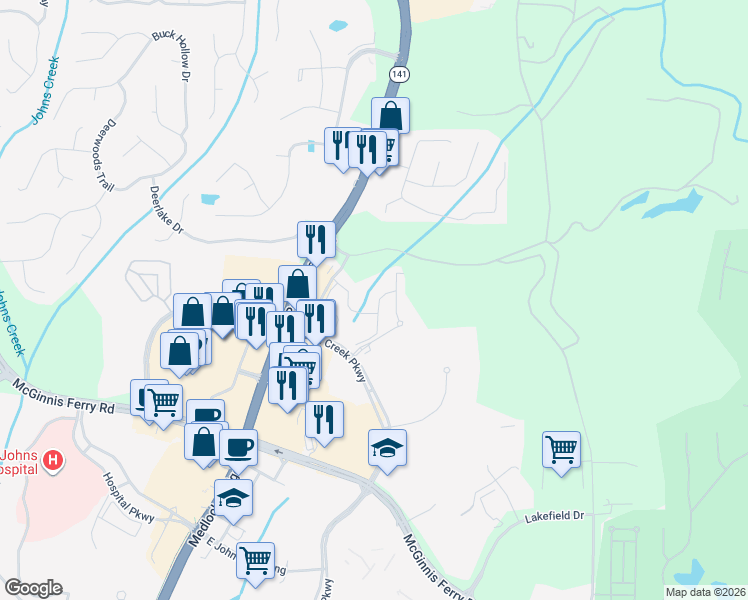 map of restaurants, bars, coffee shops, grocery stores, and more near 4190 Cedar Bridge Walk in Suwanee