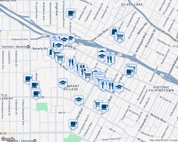 map of restaurants, bars, coffee shops, grocery stores, and more near 133 North Reno Street in Los Angeles
