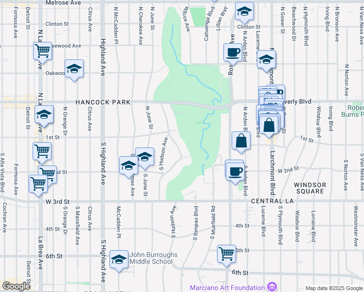 map of restaurants, bars, coffee shops, grocery stores, and more near 138 Hudson Place in Los Angeles