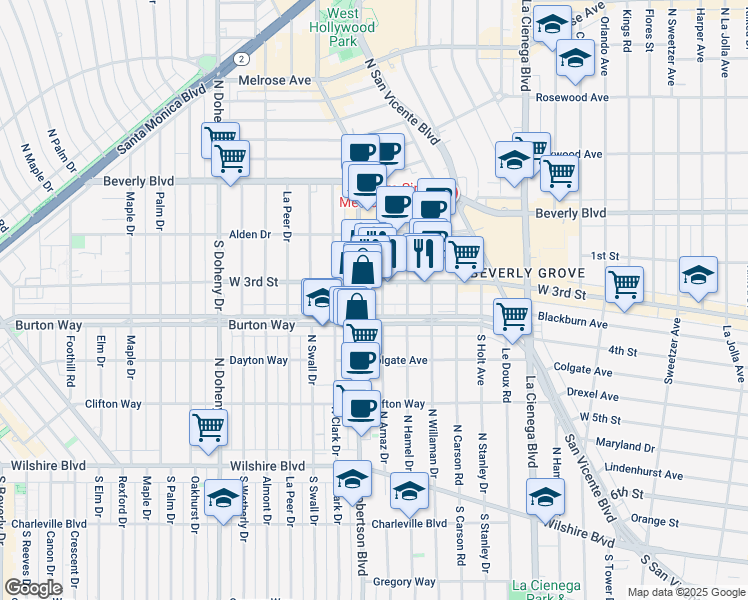 map of restaurants, bars, coffee shops, grocery stores, and more near 325 Arnaz Drive in Los Angeles