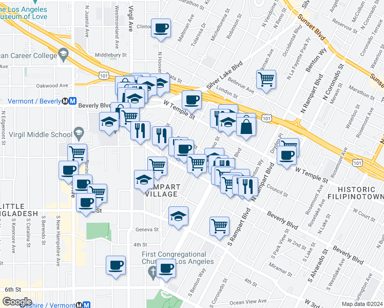 map of restaurants, bars, coffee shops, grocery stores, and more near 135 North Vendome Street in Los Angeles