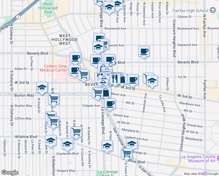 map of restaurants, bars, coffee shops, grocery stores, and more near 8461 Blackburn Avenue in Los Angeles