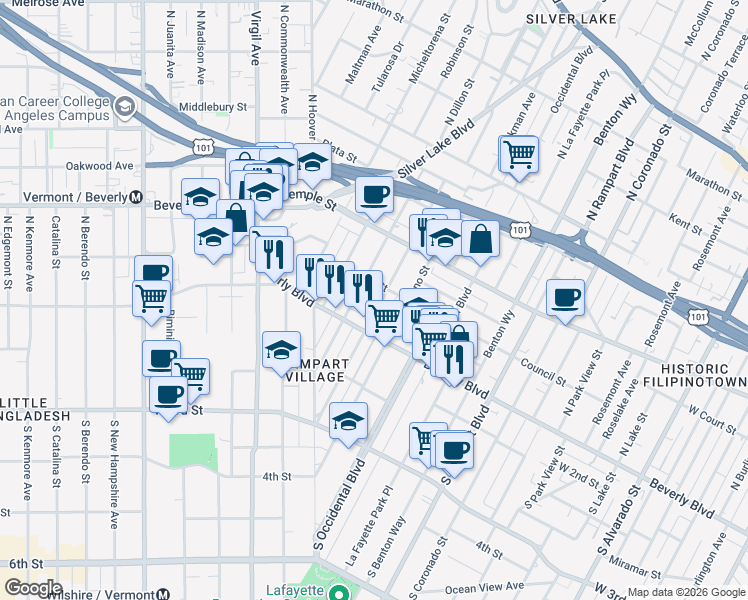 map of restaurants, bars, coffee shops, grocery stores, and more near 135 North Vendome Street in Los Angeles