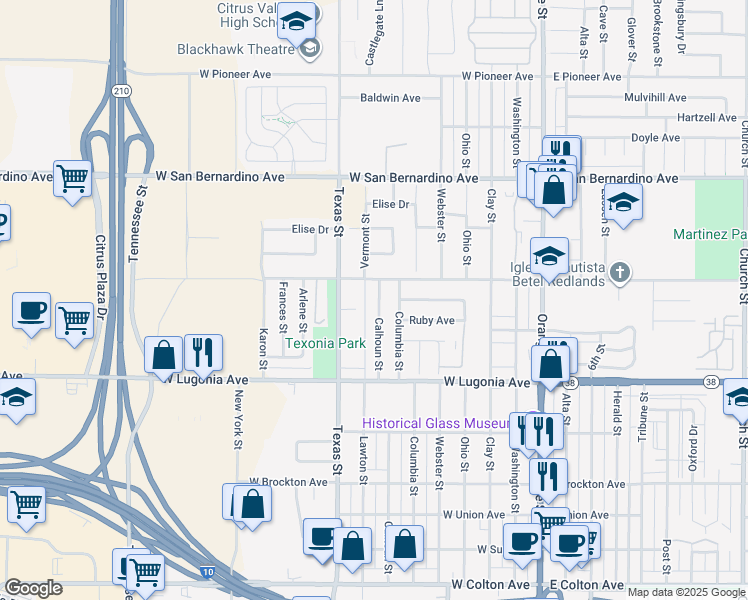 map of restaurants, bars, coffee shops, grocery stores, and more near 1411 Columbia Street in Redlands