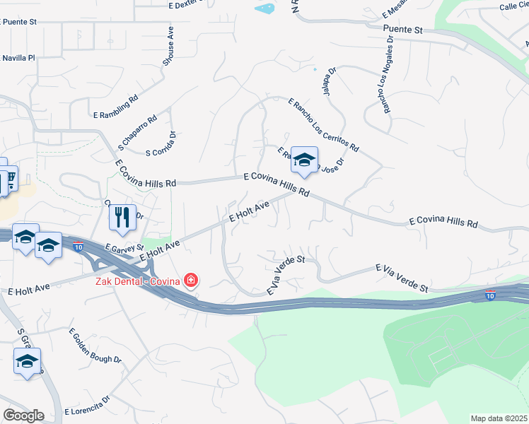 map of restaurants, bars, coffee shops, grocery stores, and more near 20410 East Holt Avenue in Covina