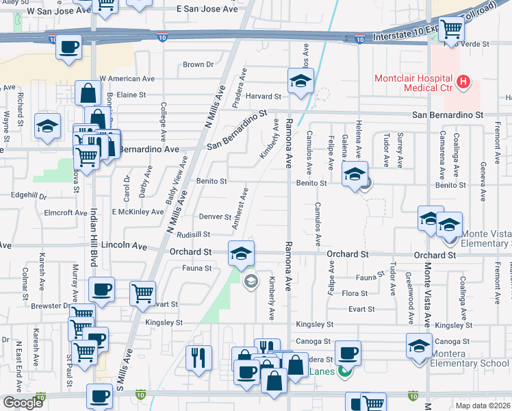 map of restaurants, bars, coffee shops, grocery stores, and more near 4401 Denver Street in Montclair