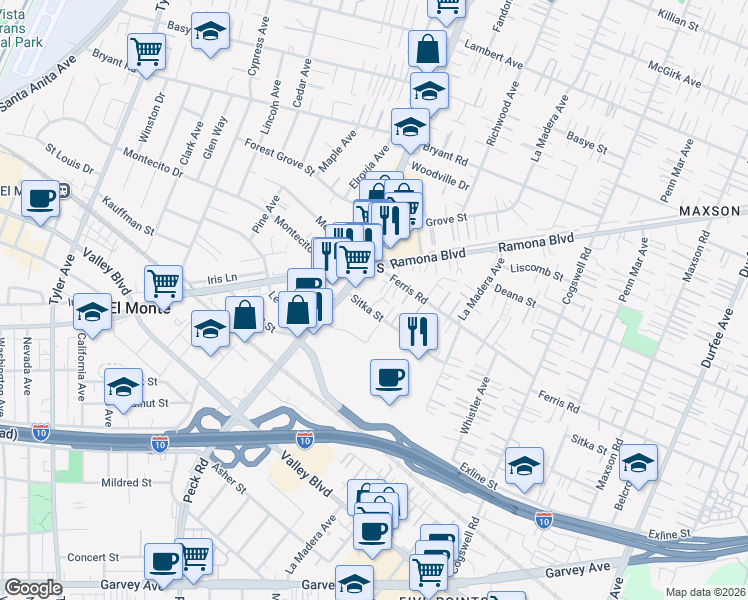 map of restaurants, bars, coffee shops, grocery stores, and more near 11633 Sitka Street in El Monte