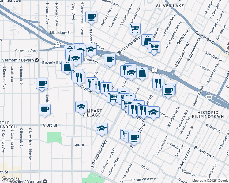 map of restaurants, bars, coffee shops, grocery stores, and more near 133 North Reno Street in Los Angeles