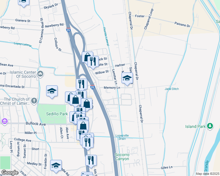 map of restaurants, bars, coffee shops, grocery stores, and more near 410 Memory Lane in Socorro