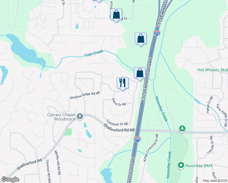 map of restaurants, bars, coffee shops, grocery stores, and more near 198 Shalloway Dr NE in Kennesaw