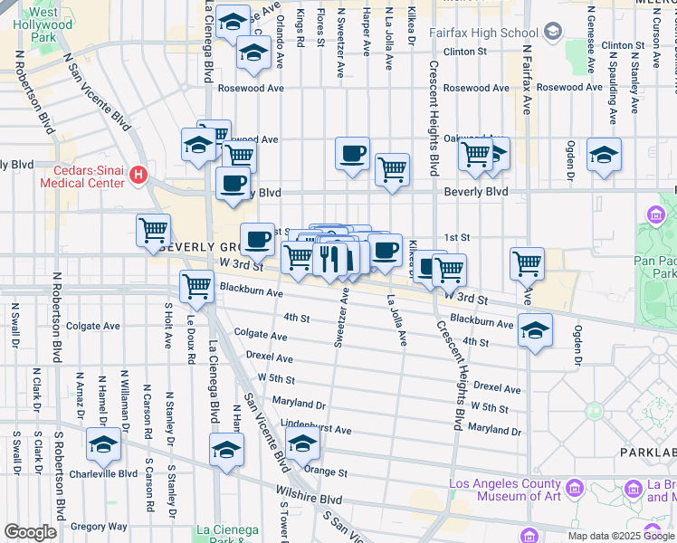 map of restaurants, bars, coffee shops, grocery stores, and more near 8330 West 3rd Street in Los Angeles