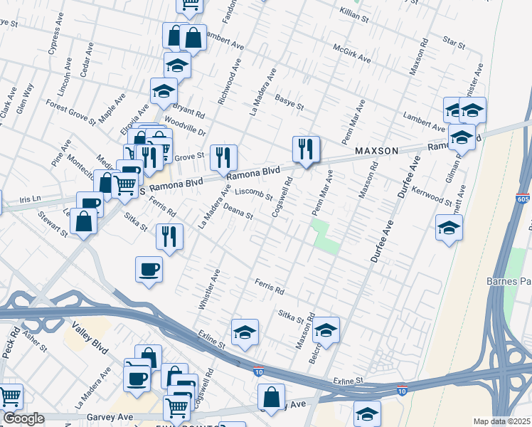 map of restaurants, bars, coffee shops, grocery stores, and more near 3817 Cogswell Road in El Monte