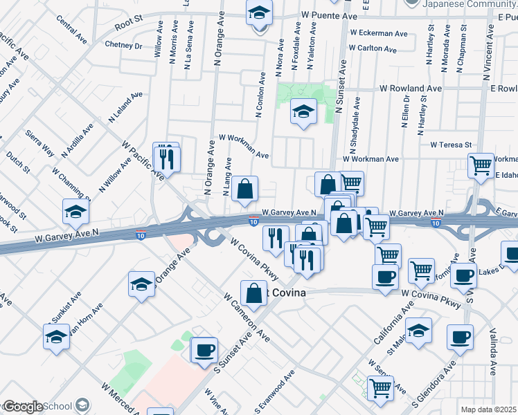 map of restaurants, bars, coffee shops, grocery stores, and more near 1543 West Garvey Avenue North in West Covina