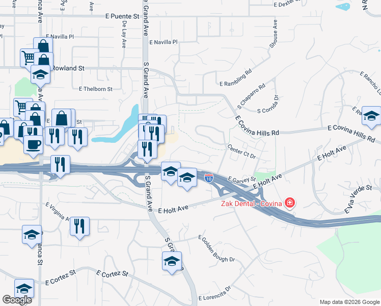 map of restaurants, bars, coffee shops, grocery stores, and more near 3536 East Hillhaven Drive in West Covina