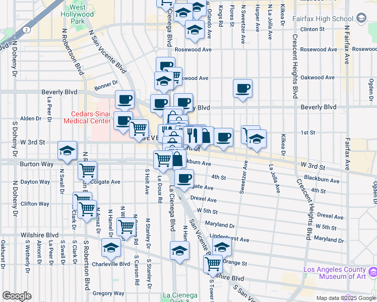 map of restaurants, bars, coffee shops, grocery stores, and more near 8461 Blackburn Avenue in Los Angeles