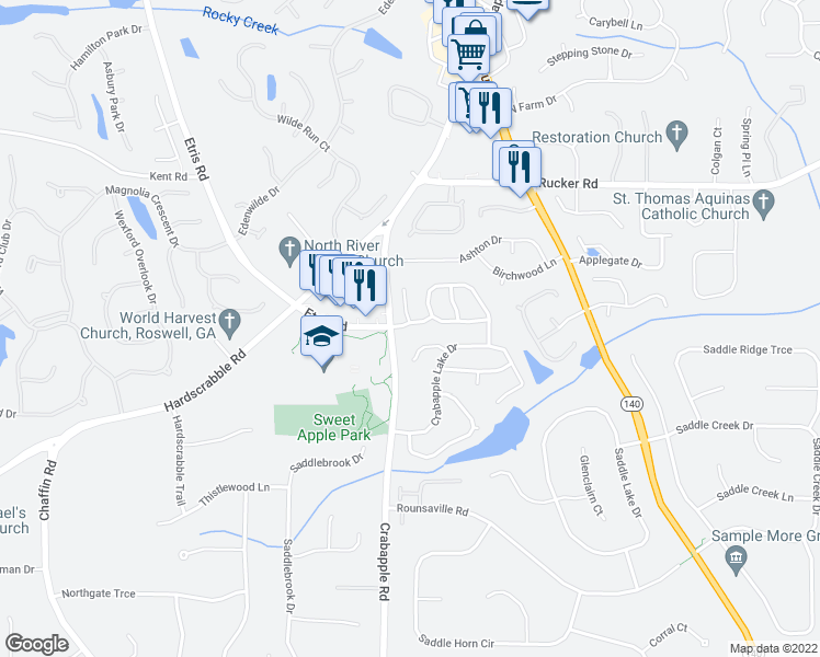 map of restaurants, bars, coffee shops, grocery stores, and more near 1015 Crabapple Parc Drive in Roswell