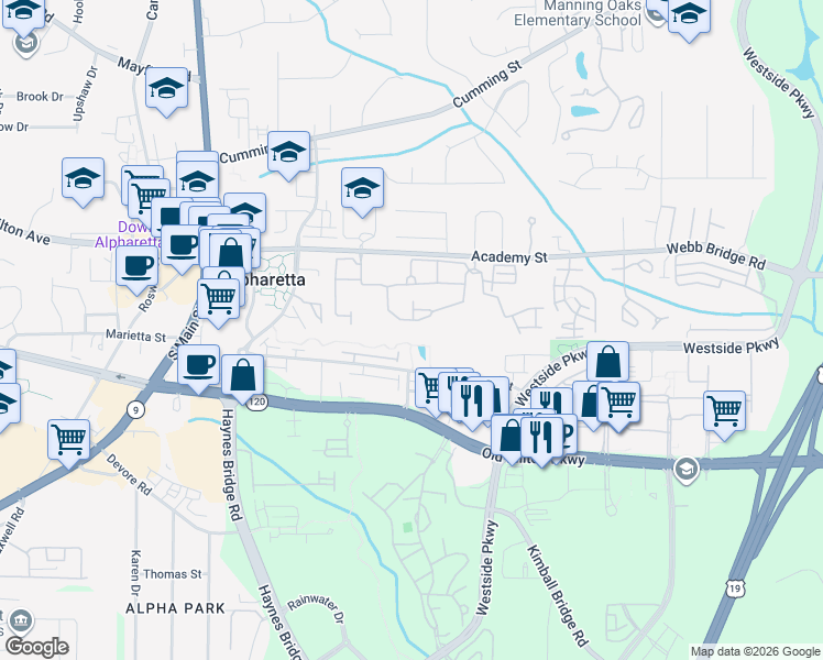map of restaurants, bars, coffee shops, grocery stores, and more near 12300 Dancliff Trce in Alpharetta