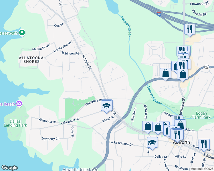 map of restaurants, bars, coffee shops, grocery stores, and more near 4755 Fowler Street in Acworth