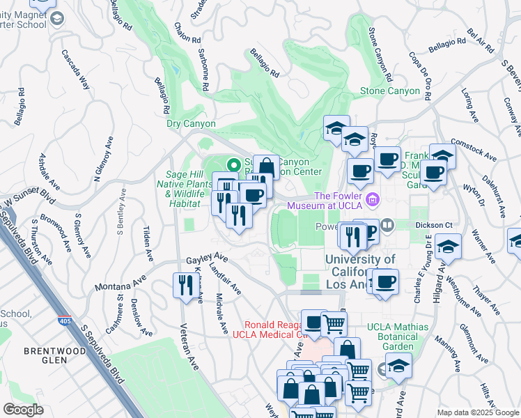 map of restaurants, bars, coffee shops, grocery stores, and more near 330 De Neve Drive in Los Angeles