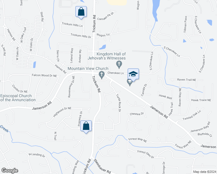 map of restaurants, bars, coffee shops, grocery stores, and more near 4999 Turtle Rock Drive in Marietta