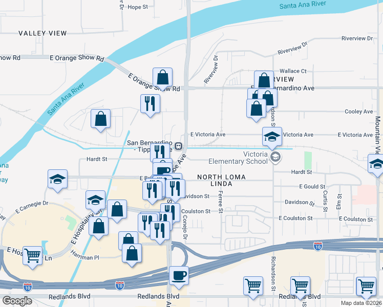 map of restaurants, bars, coffee shops, grocery stores, and more near 1203 Hardt Street in San Bernardino