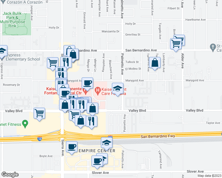 map of restaurants, bars, coffee shops, grocery stores, and more near Mango Avenue in Fontana