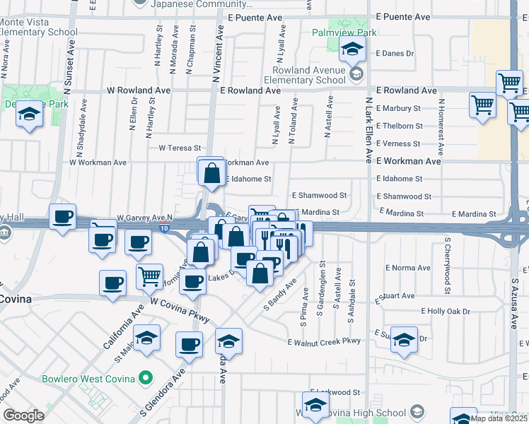 map of restaurants, bars, coffee shops, grocery stores, and more near 1141 East Garvey Avenue North in West Covina