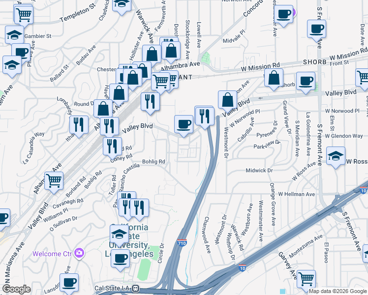 map of restaurants, bars, coffee shops, grocery stores, and more near 144 Lillyvale Avenue in Los Angeles