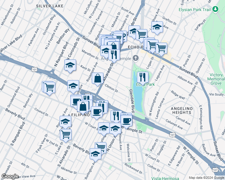 map of restaurants, bars, coffee shops, grocery stores, and more near 611 North Bonnie Brae Street in Los Angeles