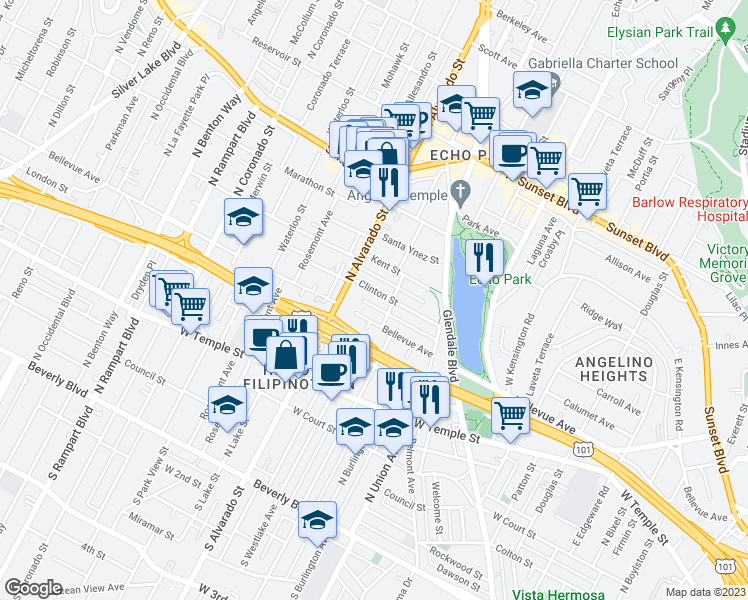 map of restaurants, bars, coffee shops, grocery stores, and more near 611 North Bonnie Brae Street in Los Angeles