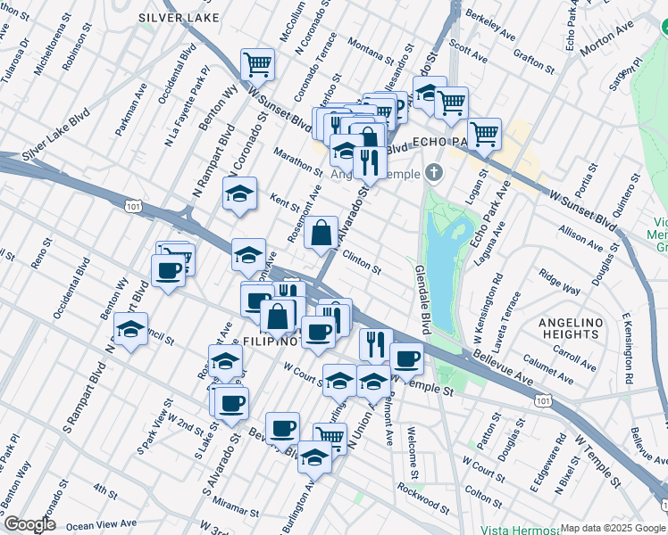 map of restaurants, bars, coffee shops, grocery stores, and more near 2027 Bellevue Avenue in Los Angeles