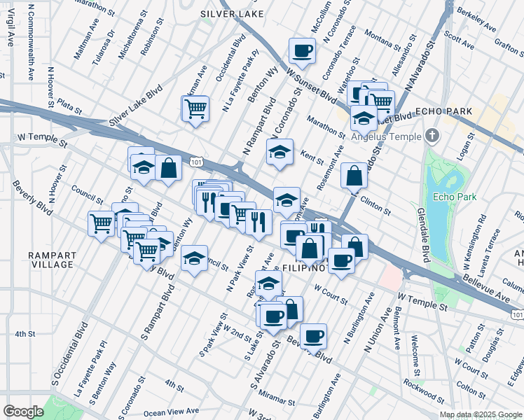 map of restaurants, bars, coffee shops, grocery stores, and more near 409 3/4 Coronado Terrace in Los Angeles