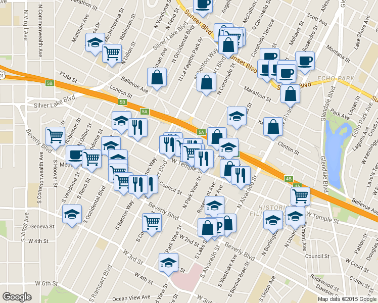 map of restaurants, bars, coffee shops, grocery stores, and more near 309 North Coronado Street in Los Angeles