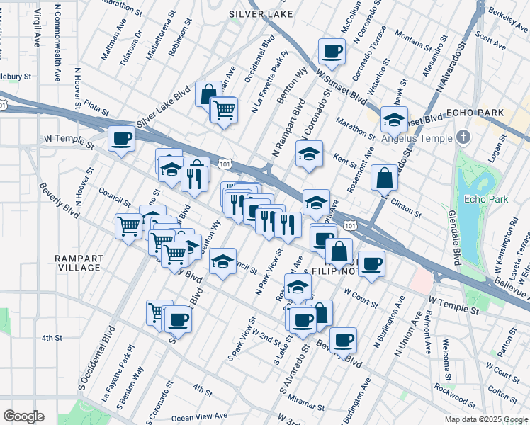 map of restaurants, bars, coffee shops, grocery stores, and more near 309 North Coronado Street in Los Angeles