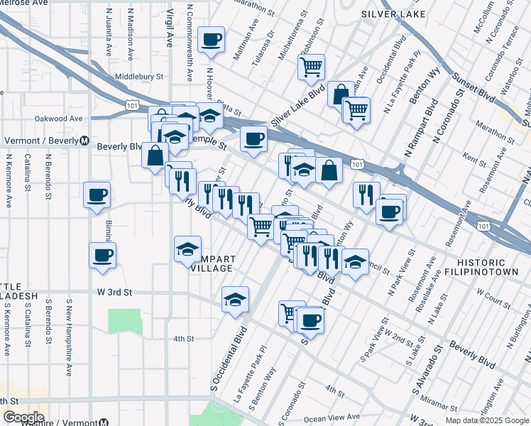 map of restaurants, bars, coffee shops, grocery stores, and more near 133 North Reno Street in Los Angeles